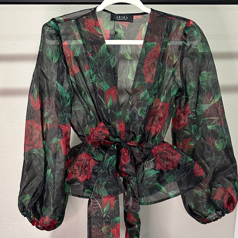 NWT AKIRA Sheer Floral Blouse - Black, Red, and Green
